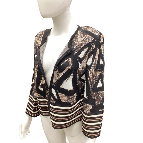 St. John Women’s Zip Up Cardigan SZ 12 Fine Knit Shoulder Pads Brown Beige Black - Picture 2 of 5